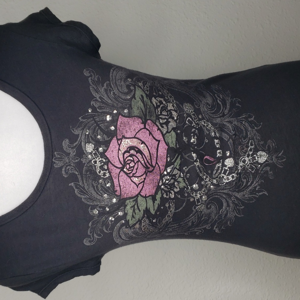 Vintage FANG Graphic Rose Filigree Chain Black Fitted Tee Size M Y2K Grunge